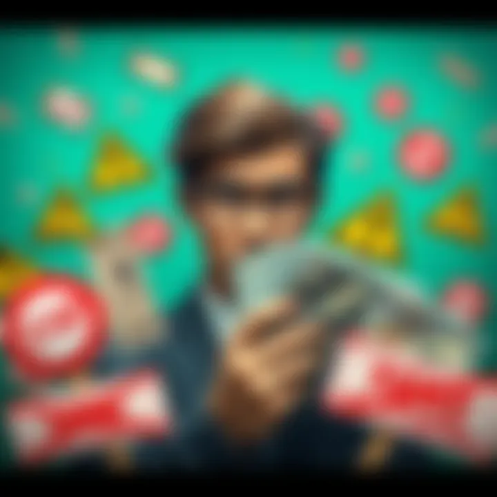 Free Money Offer A person holding cash with a skeptical expression, surrounded by symbols of scams like warning signs and fake checks.