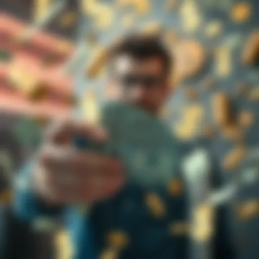 A person holding cash with a surprised expression, surrounded by dollar signs and coins, symbolizing free money.