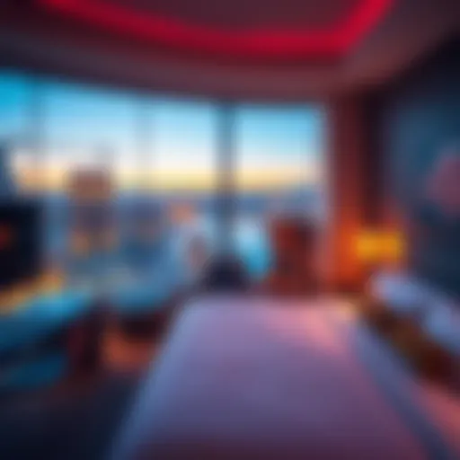 A luxurious hotel room at Aria or Vdara with a view of the Las Vegas Strip, showcasing the inviting amenities for guests