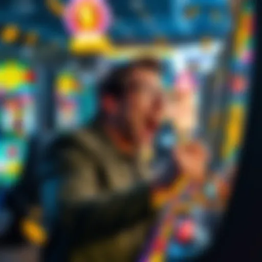 A person excitedly using a slot machine after receiving free spins, with coins and graphics of potential winnings around them.