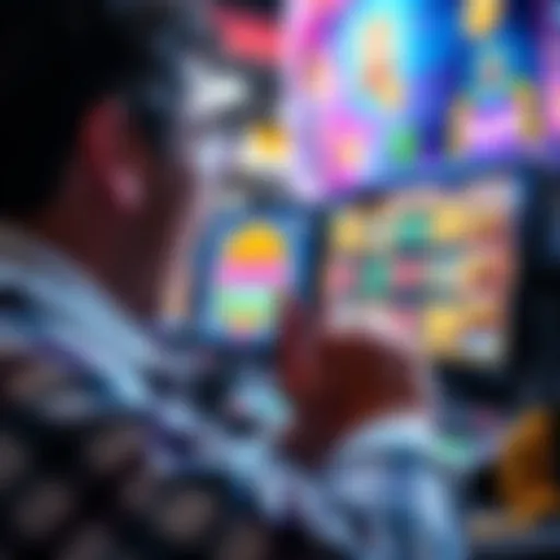 A person excitedly looking at a screen showing slots and free spins results, with coins and casino graphics