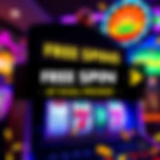 A graphic showing a slot machine with 20 free spins offered, bright colors and symbols representing excitement and prizes.