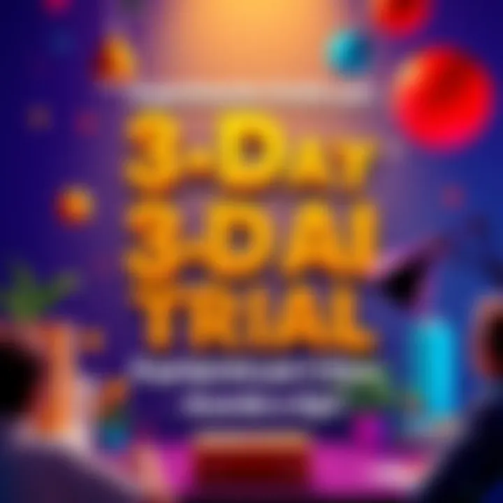 A vibrant graphic promoting a free trial with bold text and playful elements, encouraging people to engage and participate.