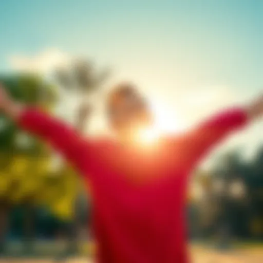 A happy person smiling with open arms in a park, symbolizing freedom from gambling addiction, bright sky in the background