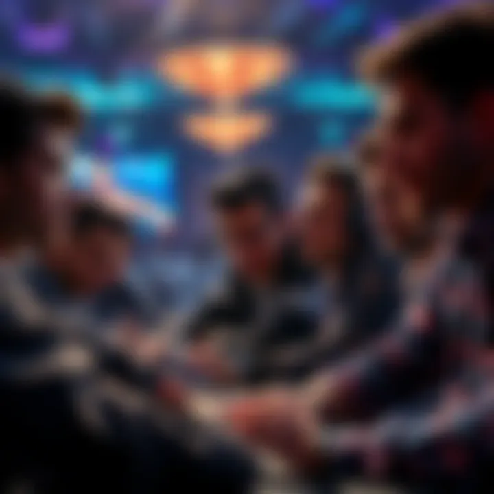 Group of frustrated poker players looking at their screens after a tournament ends unexpectedly.