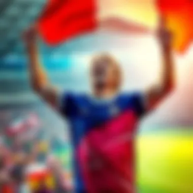 A passionate French fan in a blue jersey holding a flag, excited for the World Cup match against Spain