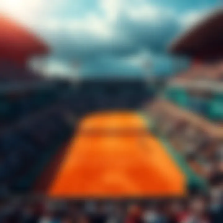 A view of the clay tennis court at the French Open with players ready to compete and a cheering crowd in the stands