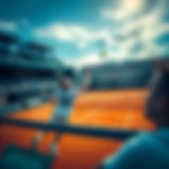 A tennis player serves the ball during a French Open match on clay court.