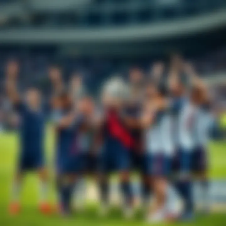 French Team Celebration French national team players celebrating on the field with a trophy, showing excitement and camaraderie before the match.