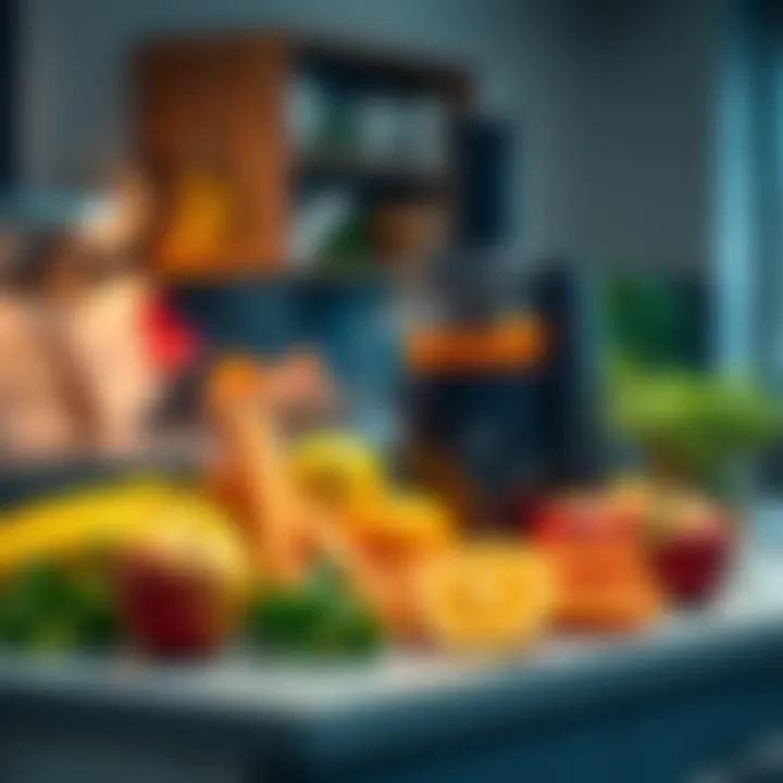 A juicer with fruits like apples, oranges, and carrots ready to be juiced on a kitchen counter.