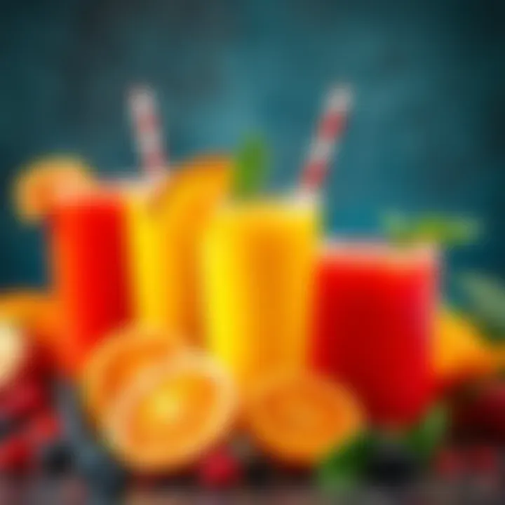 A colorful assortment of freshly made fruit juices in glasses, showcasing vibrant colors and fruits like orange, apple, and berry.