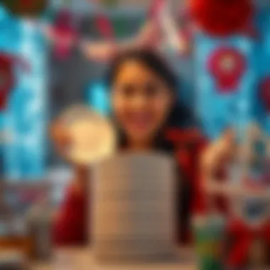 A happy friend showing off her new plates with a big smile, surrounded by joyful decorations.