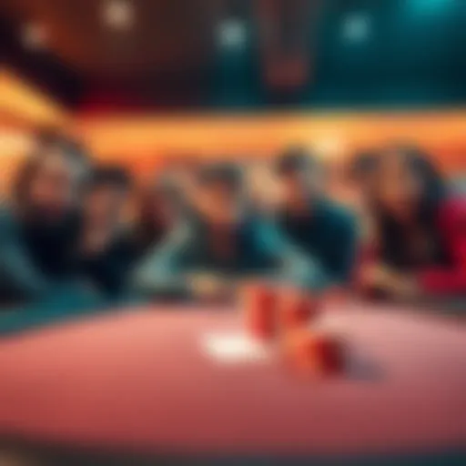 A group of friends at a table looking shocked as one friend reacts to losing a bet, with a poker game in the foreground