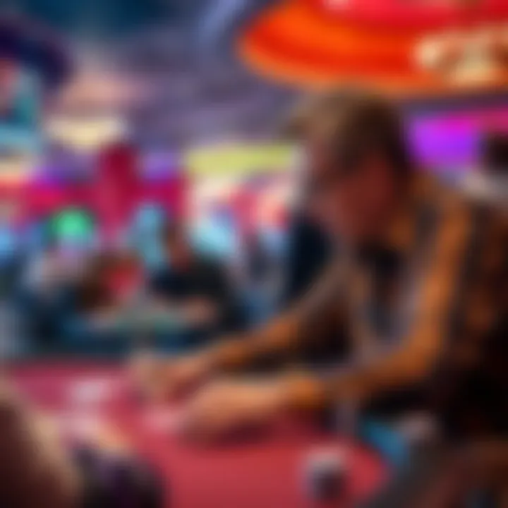A friend with a disability using a device to hold cards while playing poker at a busy casino table, focused on the game.