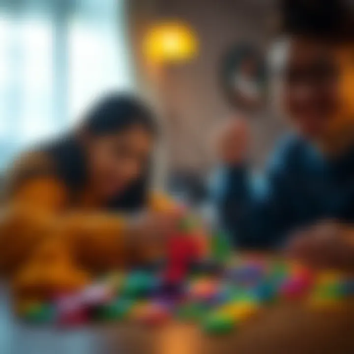 A friend intensely focused on a game of Connect 4 with colorful discs scattered on the table and excitement in the air.