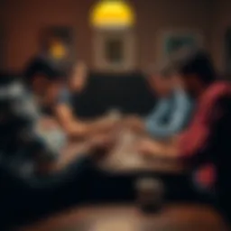 A group of friends sitting around a table, disputing the rules of a card game, showing tension and frustration