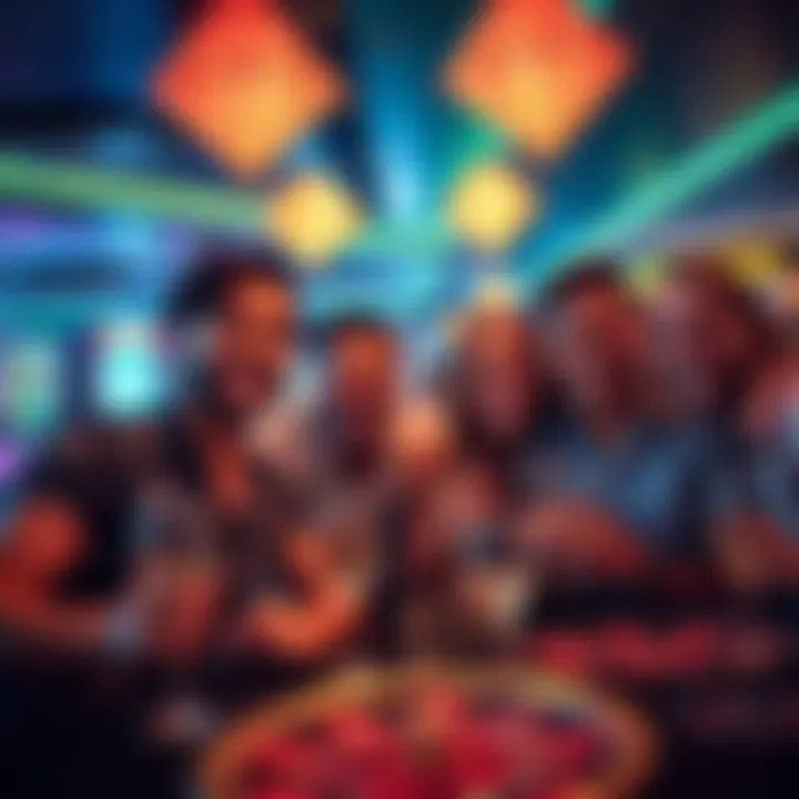 Group of friends celebrating a bachelor party at AC Oceans Casino with joyful expressions and casino games in the background