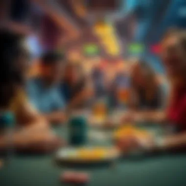 A group of friends sitting at a table with drinks and snacks, smiling and listening to music while playing games
