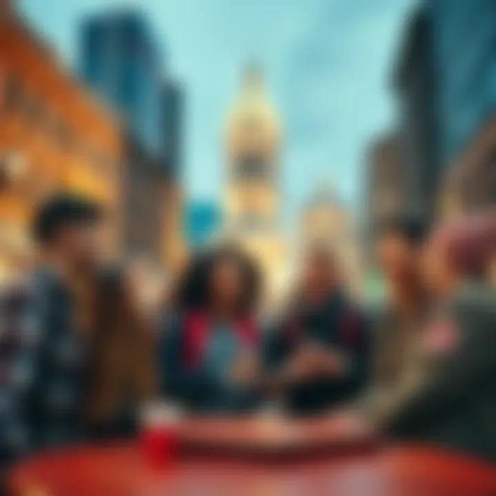 A group of friends laughing and sharing stories together in a lively Philadelphia setting, showcasing the city's vibrant atmosphere.