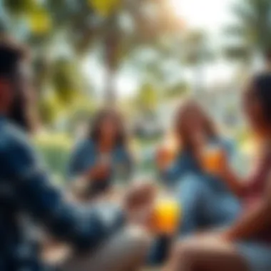 A group of friends laughing and relaxing outdoors, sharing snacks and drinks in a sunny park setting.