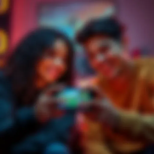 Two friends enjoying a gaming session, celebrating a small win together. One of them is smiling while showing a phone screen with the game on it.