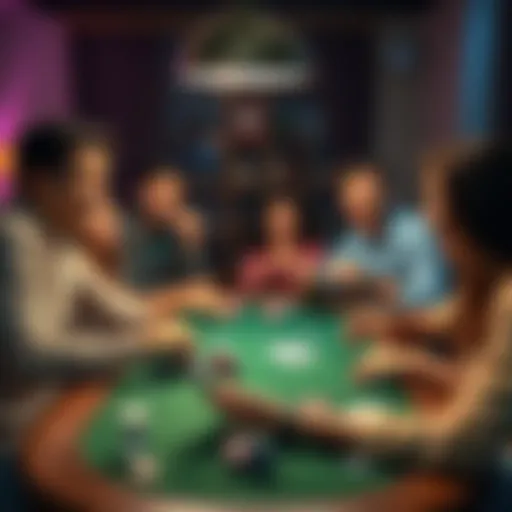 A group of friends gathered around a table playing poker, sharing laughs and enjoying the game with chips and cards spread out.