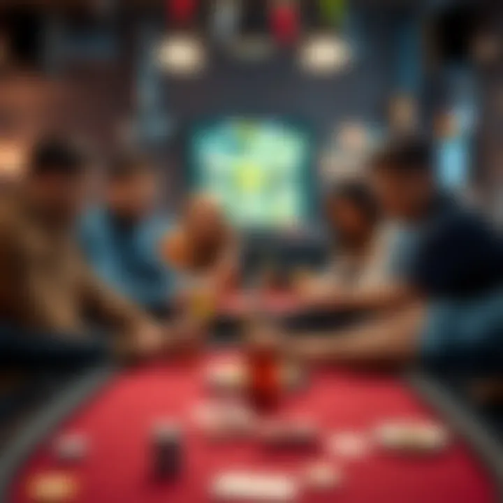 A group of friends sitting around a table playing poker, with snacks and drinks on the side