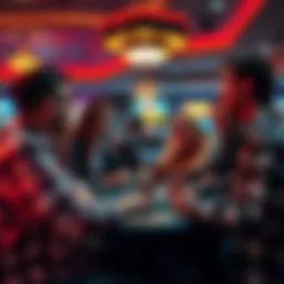 A group of friends discussing their unique superstitions and game rules in a lively casino setting
