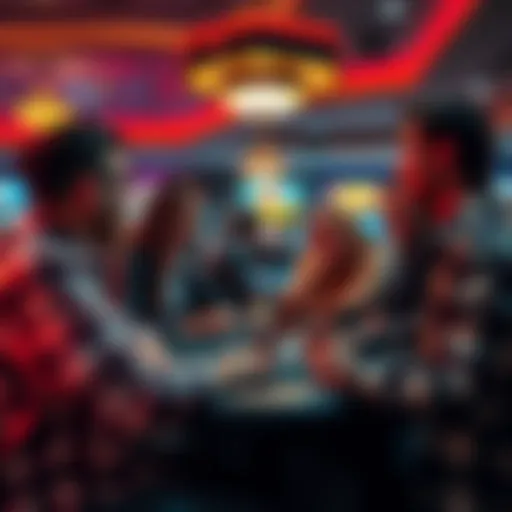 A group of friends discussing their unique superstitions and game rules in a lively casino setting