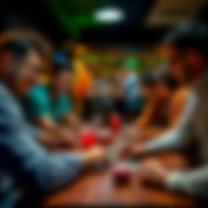 A group of friends focused on a card game, smiling and strategizing together, with snacks and drinks on the table.