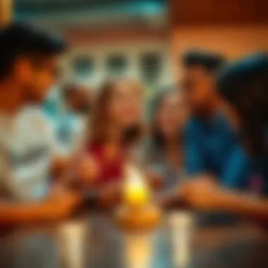 Group of friends laughing together Friends discussing names with a humorous tone while celebrating a prize