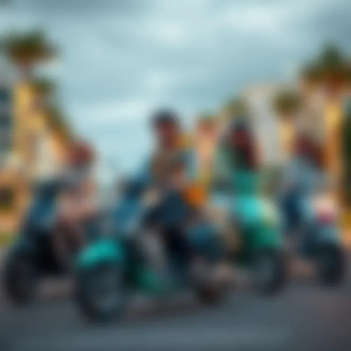 A group of friends riding scooters together, exploring new places with excitement and joy.