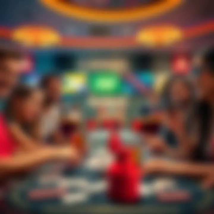 A group of friends gathered around a table, happily playing bingo with casino-themed cards and drinks in front of them.