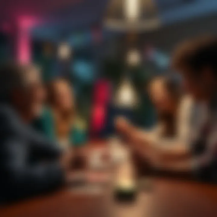 A group of friends enjoying a card game at a table, laughing and having a good time