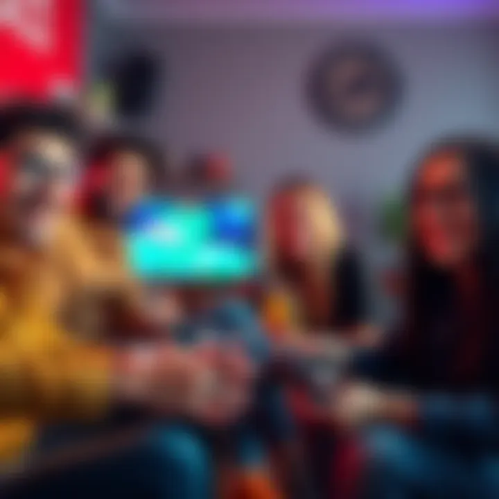 A group of people smiling and enjoying a video game session, surrounded by snacks and drinks.