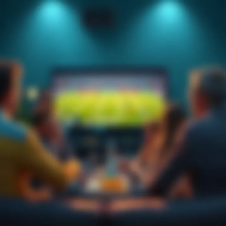Group of friends discussing while watching a football game on television, with snacks around them