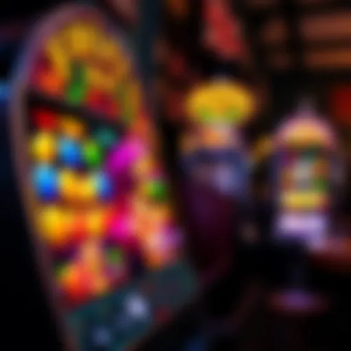 Close-up of a vibrant fruit machine with colorful symbols in a British pub setting