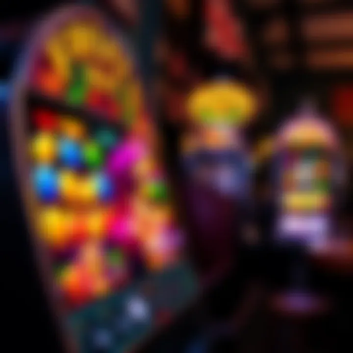 Close-up of a vibrant fruit machine with colorful symbols in a British pub setting