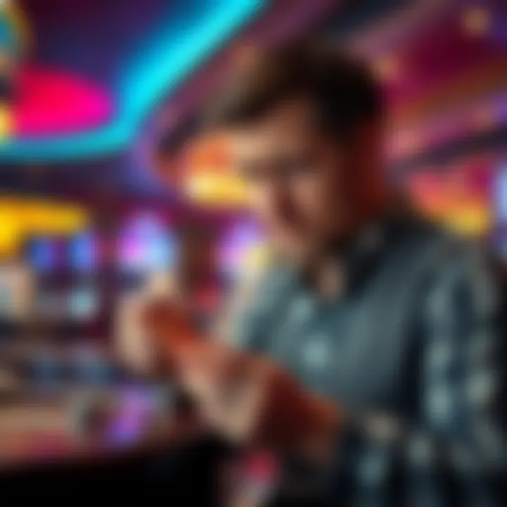 A disappointed gambler looks at a losing betting ticket in a casino, symbolizing loss and lack of promotions.