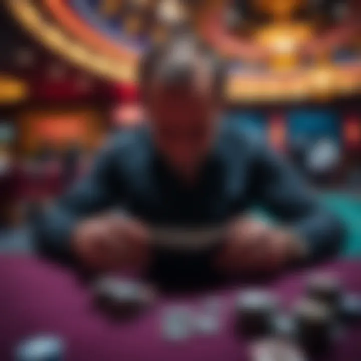 A frustrated player at a casino table looking at his empty wallet, expressing disappointment after losing money quickly.
