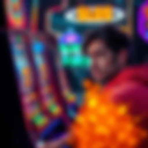 A person looking unhappy while playing a slot machine, with coins and credits displayed on the screen.