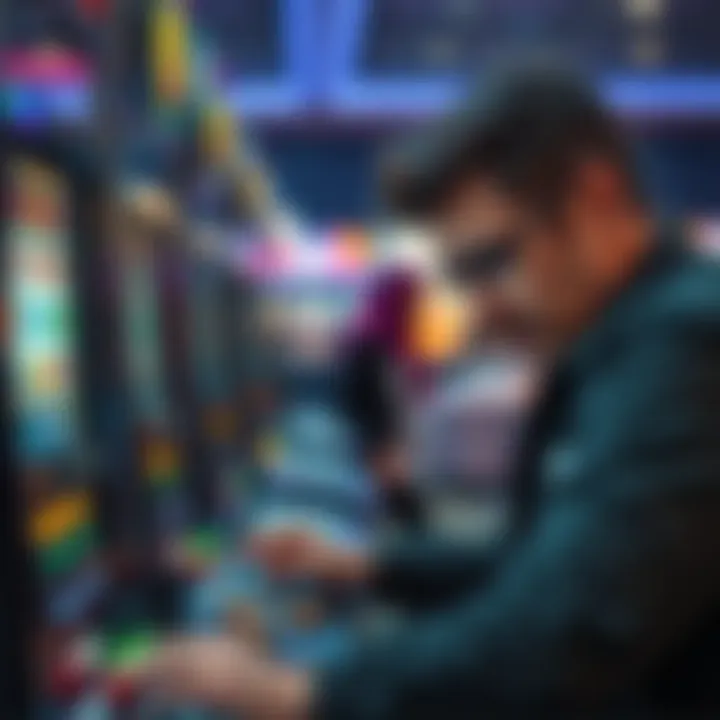 A person looks disappointed while playing a slot machine, with coins scattered on the machine and a small payout displayed on the screen.