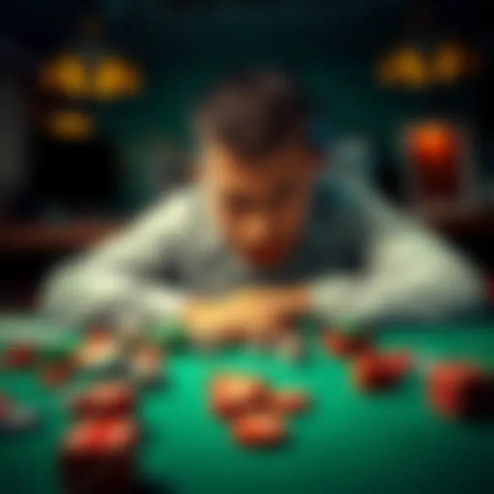 A person looking upset at a gambling table with scattered betting chips and dice, reflecting the emotional pressure of losing money in a game,