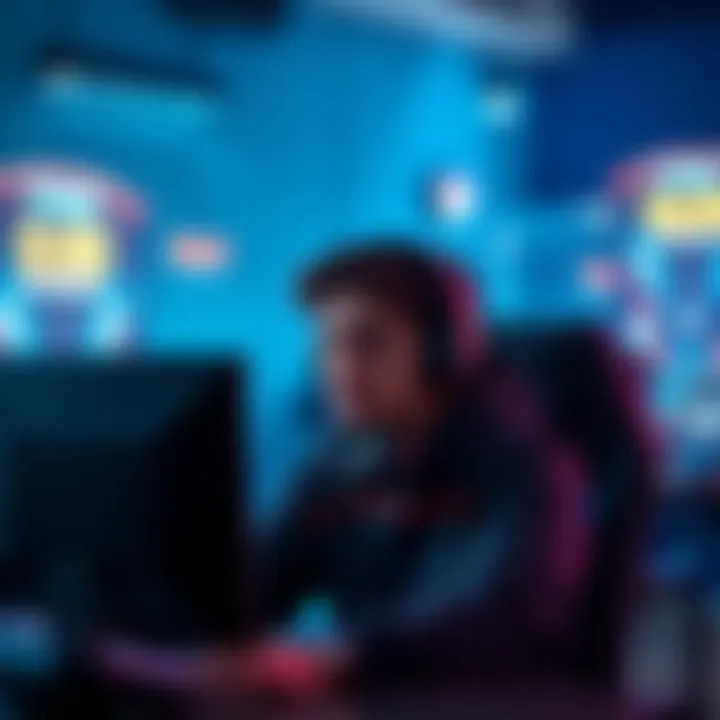 A gamer looks annoyed while waiting for a tournament to start, sitting in front of a computer with a timer showing a delay.