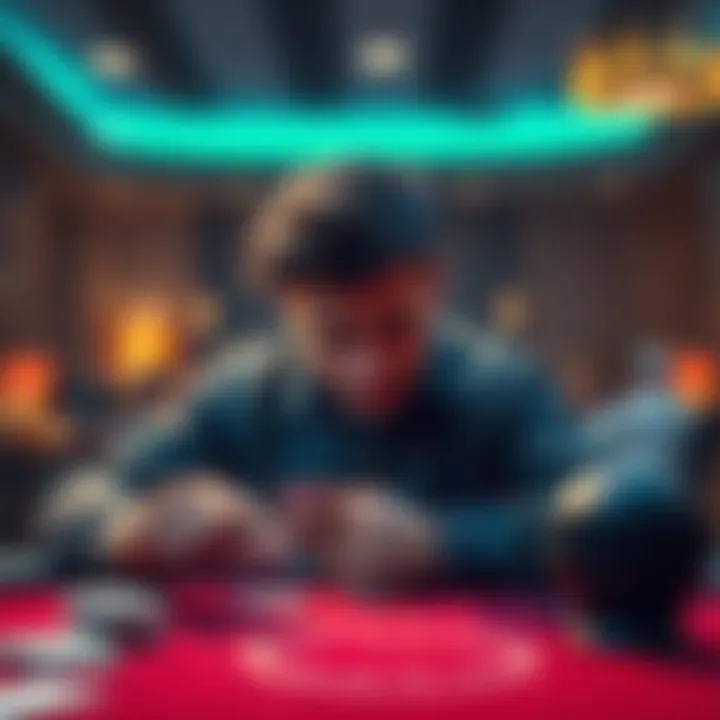 A frustrated gamer at a table with cards, showing disappointment after a game loss, reflecting the feelings of tilt.