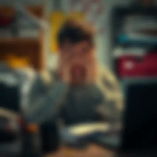 A person sitting at a desk, looking frustrated with their hands on their face, surrounded by clutter.