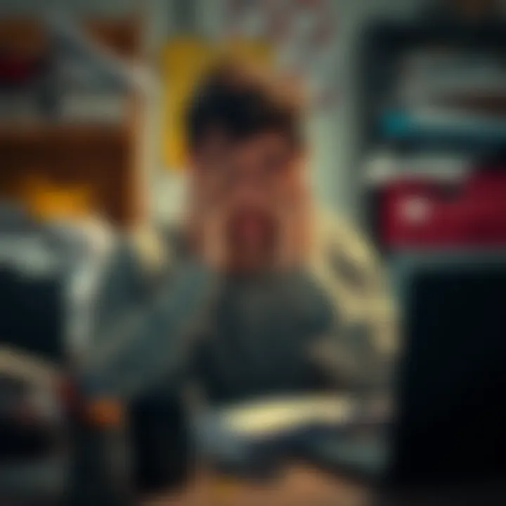 A person sitting at a desk, looking frustrated with their hands on their face, surrounded by clutter.