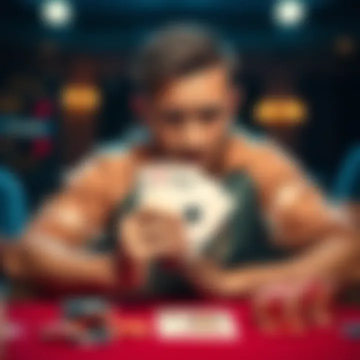 A Texas Hold'em player looks concerned while holding a pair of cards at a poker table, reflecting on losing streaks and the odds of all-in situations.