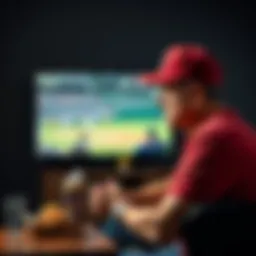 A frustrated baseball fan sitting in front of a TV, showing disappointment during a baseball game, with a baseball cap and snacks on the table.