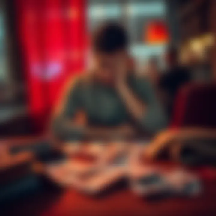 A person sits at a table with sports betting tickets scattered around, looking stressed but determined to strategize after a recent loss by a single rebound.